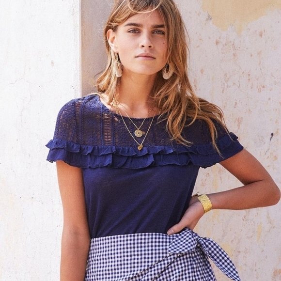 Sezane Tops - Sezane Lucette 100% Linen Lace and Ruffle T-shirt Top, Navy, Size M